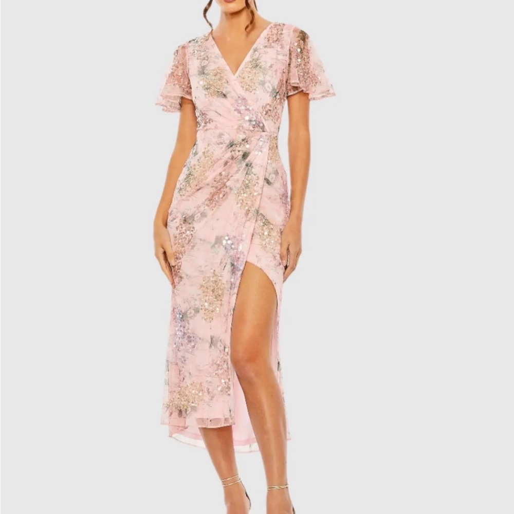 Mac Duggal Pink Floral Sequin Wrap Midi Dress